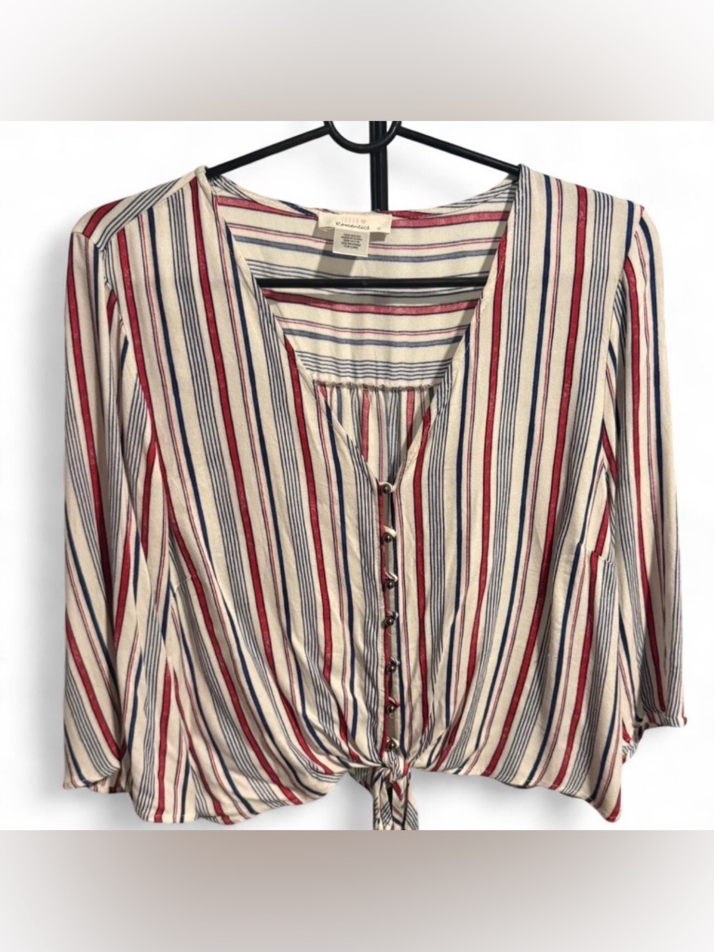 URBAN Romantics Striped Tie-Front Blouse - Red, Navy & Cream